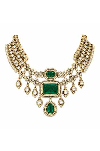 Buy_Vivinia By Vidhi Mehra_Emerald Green Bridal Polki Necklace Set _Online_at_Aza_Fashions
