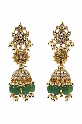Vivinia By Vidhi Mehra_Gold Plated Emerald Green Polki Jhumka Earrings _Online_at_Aza_Fashions