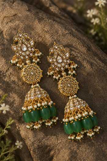 Shop_Vivinia By Vidhi Mehra_Gold Plated Emerald Green Polki Jhumka Earrings _at_Aza_Fashions