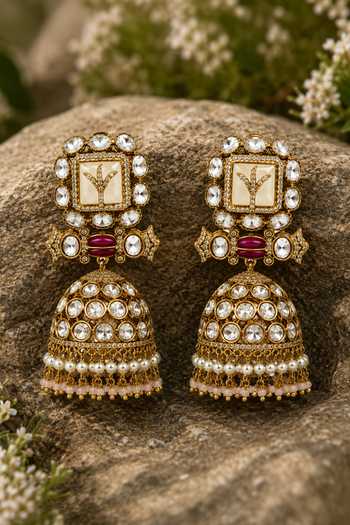 Shop_Vivinia By Vidhi Mehra_Gold Plated Polki Jhumka Earrings _at_Aza_Fashions