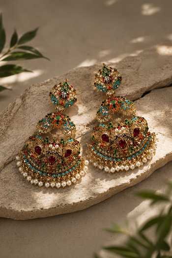 Shop_Vivinia By Vidhi Mehra_Gold Plated Mughal Polki Embellished Earrings _at_Aza_Fashions