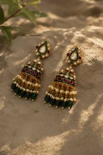Shop_Vivinia By Vidhi Mehra_Gold Plated Meenakari Polki Jhumka Earrings _at_Aza_Fashions