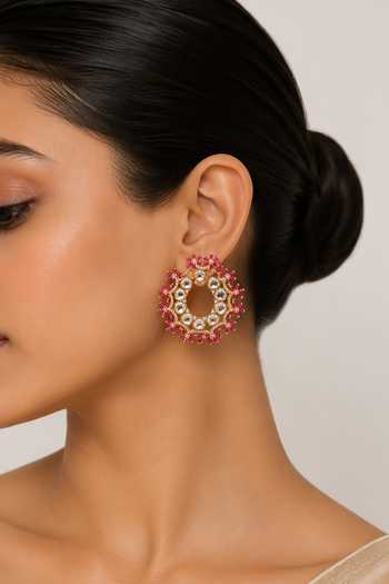 Buy_Vivinia By Vidhi Mehra_Gold Plated Floral Polki Hoop Earrings _at_Aza_Fashions