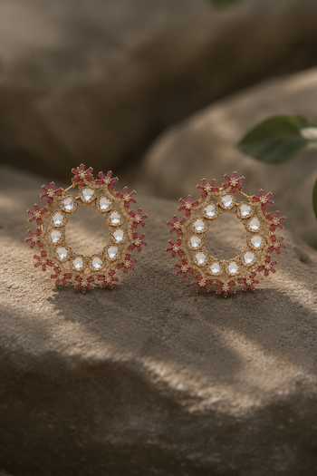 Shop_Vivinia By Vidhi Mehra_Gold Plated Floral Polki Hoop Earrings _at_Aza_Fashions