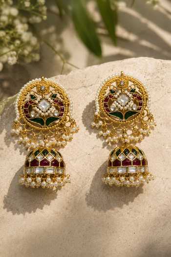 Shop_Vivinia By Vidhi Mehra_Gold Plated Heritage Polki Jhumka Earrings _at_Aza_Fashions