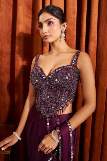 Buy_Samyukta Singhania_Purple Crepe Sweetheart Neck Pre-draped Lehenga Saree With Embroidered Blouse _Online