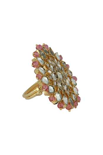 Shop_Riana Jewellery_Gold Plated Beads, Diamonds Floral Jadtar Stone Ring _at_Aza_Fashions