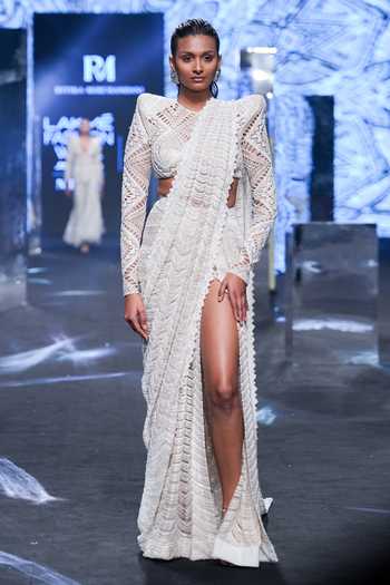 Buy_Ritika Mirchandani_Ivory Net Beads, Sequins Round Nallie Embroidered Lehenga Saree With Blouse _at_Aza_Fashions