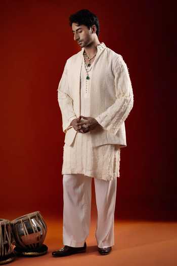 Sanchit Sharma_Ivory Silk, Cotton Textured Pattern Kurta Set With Bundi _Online_at_Aza_Fashions