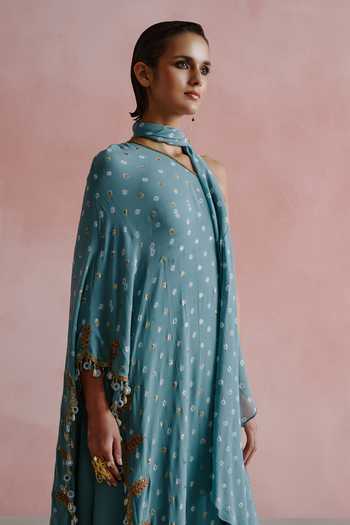 Buy_House Of Arshiyaa_Blue Georgette, Chiffon Tassels One Shoulder Bandhani Pattern Kaftan Sharara Set _Online_at_Aza_Fashions