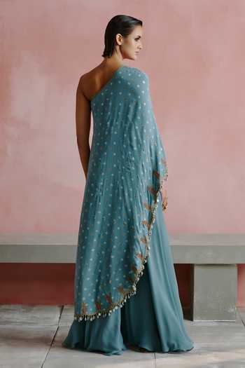 House Of Arshiyaa_Blue Georgette, Chiffon Tassels One Shoulder Bandhani Pattern Kaftan Sharara Set _Online_at_Aza_Fashions