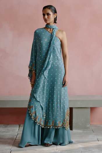 Buy_House Of Arshiyaa_Blue Georgette, Chiffon Tassels One Shoulder Bandhani Pattern Kaftan Sharara Set _at_Aza_Fashions