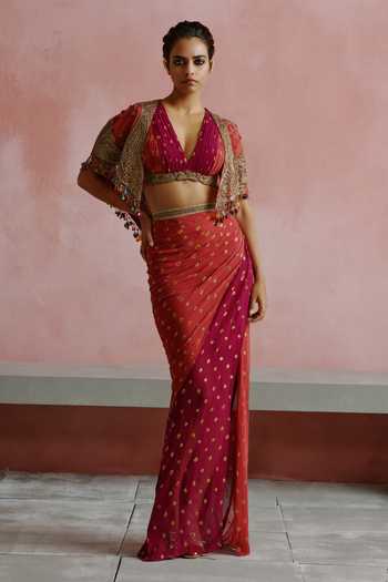 Buy_House Of Arshiyaa_Wine Georgette, Net Shawl , Plunge Embroidered Jacket Skirt Set _at_Aza_Fashions