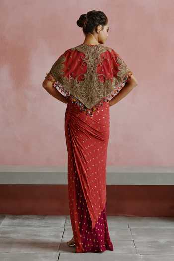 House Of Arshiyaa_Wine Georgette, Net Shawl , Plunge Embroidered Jacket Skirt Set _Online_at_Aza_Fashions