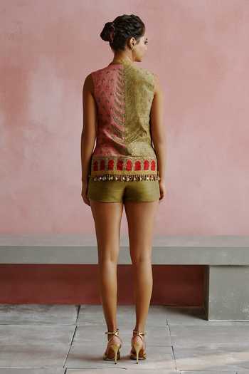 House Of Arshiyaa_Multi Color Silk, Georgette Open Neck, Plunge Dori Embroidered Jacket Shorts Set _Online_at_Aza_Fashions