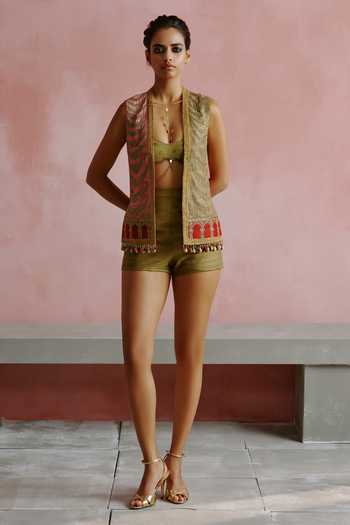 Buy_House Of Arshiyaa_Multi Color Silk, Georgette Open Neck, Plunge Dori Embroidered Jacket Shorts Set _Online_at_Aza_Fashions