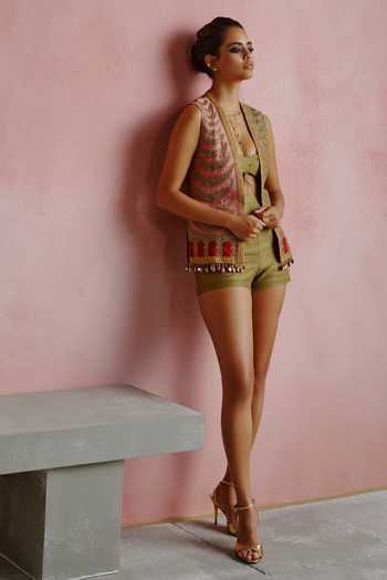 Shop_House Of Arshiyaa_Multi Color Silk, Georgette Open Neck, Plunge Dori Embroidered Jacket Shorts Set _Online_at_Aza_Fashions