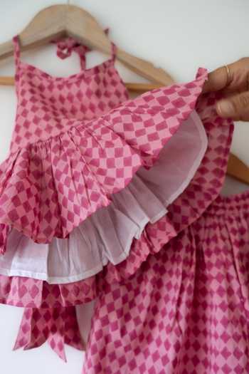 Shop_Love The World Today_Pink Cotton Mishri Rhombus Print Top And Palazzo Set 