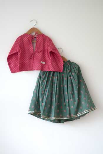 Love The World Today_Magenta Cotton Kopal Polka Dot Print Blouse And Lehenga Set _Online_at_Aza_Fashions