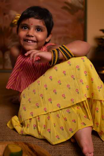 Shop_Love The World Today_Magenta Cotton Kopal Polka Dot Print Blouse And Lehenga Set _Online