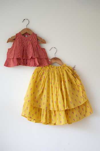 Love The World Today_Yellow Cotton Meera Striped Print Blouse And Lehenga Set _Online_at_Aza_Fashions