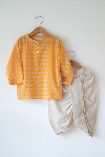 Shop_Love The World Today_Yellow Cotton Chandan Printed Kurta Set _at_Aza_Fashions