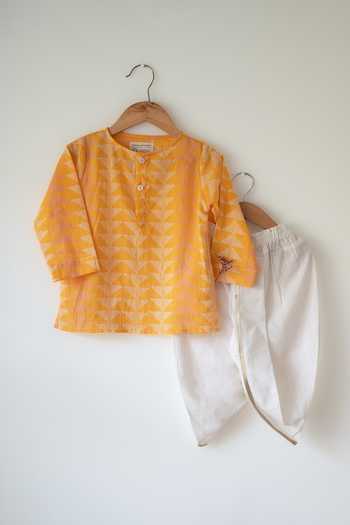 Shop_Love The World Today_Yellow Cotton Chandan Printed Kurta Set _Online_at_Aza_Fashions