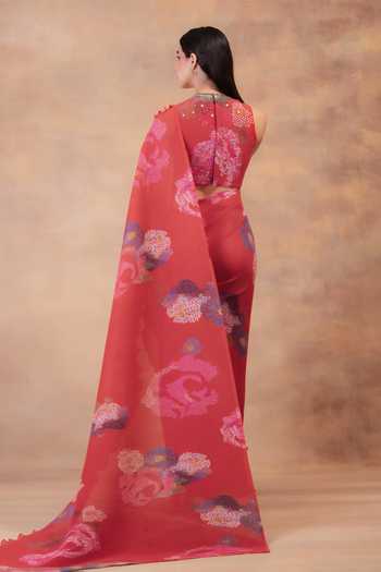 Shop_Preeti Mehta_Coral Georgette, Viscose, Polyester High Neck Blush Bloom Pre-draped Saree Set _at_Aza_Fashions