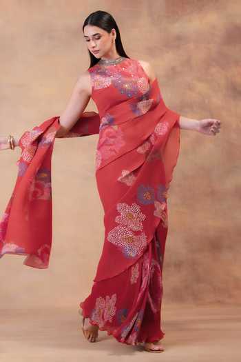 Buy_Preeti Mehta_Coral Georgette, Viscose, Polyester High Neck Blush Bloom Pre-draped Saree Set _Online_at_Aza_Fashions