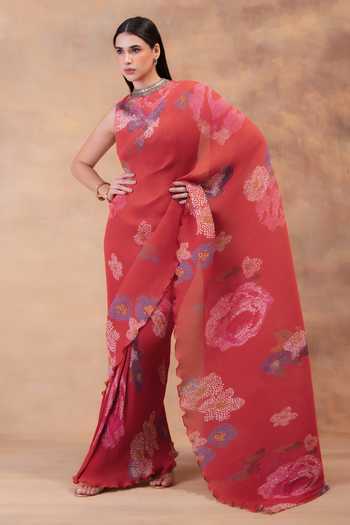 Buy_Preeti Mehta_Coral Georgette, Viscose, Polyester High Neck Blush Bloom Pre-draped Saree Set _at_Aza_Fashions