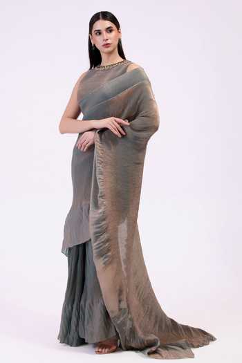 Preeti Mehta_Green Tissue Round Neck Metallic Moss Pre-draped Saree Set _Online_at_Aza_Fashions