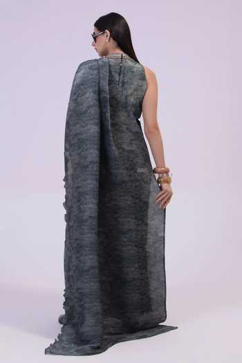 Shop_Preeti Mehta_Grey Georgette, Satin High Neck Smoke Steel Pre-draped Saree Set _at_Aza_Fashions