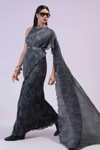 Buy_Preeti Mehta_Grey Georgette, Satin High Neck Smoke Steel Pre-draped Saree Set _Online_at_Aza_Fashions