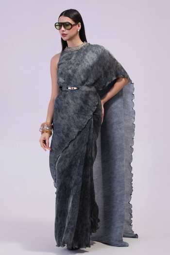 Buy_Preeti Mehta_Grey Georgette, Satin High Neck Smoke Steel Pre-draped Saree Set _at_Aza_Fashions