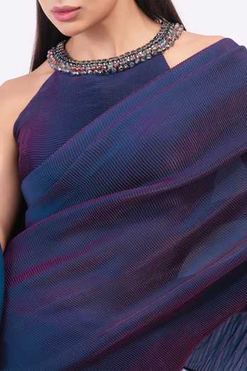 Buy_Preeti Mehta_Blue Tissue Halter Neck Metallic Pleated Pre-draped Saree Set _Online_at_Aza_Fashions