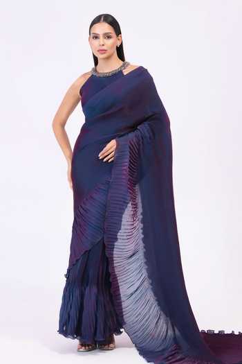 Buy_Preeti Mehta_Blue Tissue Halter Neck Metallic Pleated Pre-draped Saree Set _at_Aza_Fashions