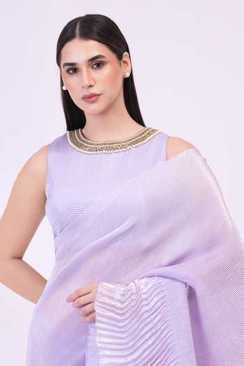 Shop_Preeti Mehta_Purple Georgette, Satin One Shoulder Amethyst Flow Pleated Pre-draped Saree Set _Online_at_Aza_Fashions