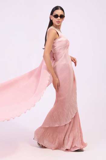 Preeti Mehta_Pink Georgette, Satin Round Neck Amethyst Flow Peach Pre-draped Saree Set _Online_at_Aza_Fashions