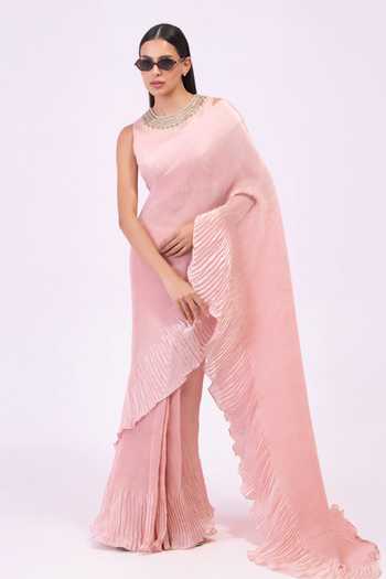 Buy_Preeti Mehta_Pink Georgette, Satin Round Neck Amethyst Flow Peach Pre-draped Saree Set _at_Aza_Fashions