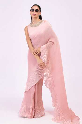 Buy_Preeti Mehta_Pink Georgette, Satin Round Neck Amethyst Flow Peach Pre-draped Saree Set _Online_at_Aza_Fashions