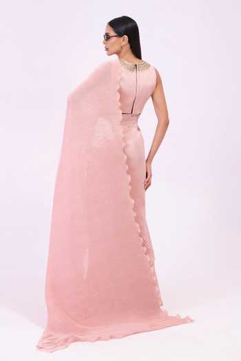 Shop_Preeti Mehta_Pink Georgette, Satin Round Neck Amethyst Flow Peach Pre-draped Saree Set _at_Aza_Fashions