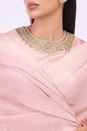 Shop_Preeti Mehta_Pink Georgette, Satin Round Neck Amethyst Flow Peach Pre-draped Saree Set _Online_at_Aza_Fashions