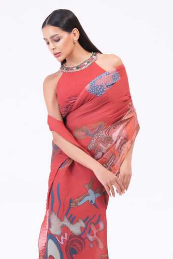 Preeti Mehta_Brown Georgette Halter Neck Brahmand Printed Pre-draped Saree With Blouse _Online_at_Aza_Fashions