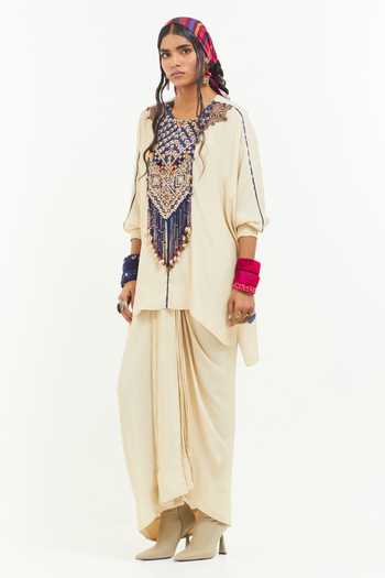 Buy_Aseem Kapoor_Cream Crepe, Satin Embroidery, Tassels Round Kuru Aari Kurta With Draped Skirt _at_Aza_Fashions