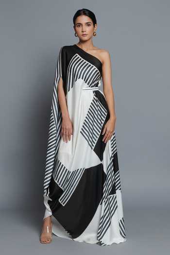 Buy_Vedika M_Black Satin One Shoulder Printed Draped Kaftan _at_Aza_Fashions