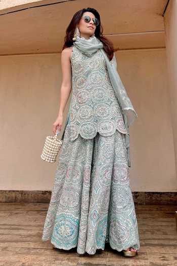 Buy_Osaa By Adarsh_Blue Organza Embroidery, Zari Round Neck Geometric Kurta Sharara Set _at_Aza_Fashions