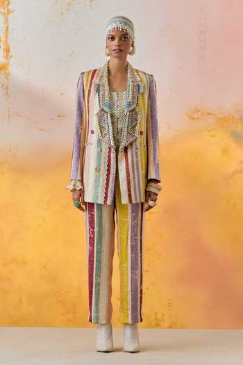 Shop_Aseem Kapoor_Multi Color Net, Silk Beads, Embroidery Noori Stripe Print Jacket Skirt Set _Online_at_Aza_Fashions