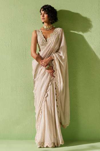 Buy_Mrunalini Rao_Ivory Georgette Pearls, Zari Leela Resham Embroidered Saree _at_Aza_Fashions