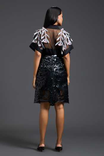 Shop_Deepika Arora_Black Organza, Leather, Ponte Roma Laser-cut Skirt _at_Aza_Fashions