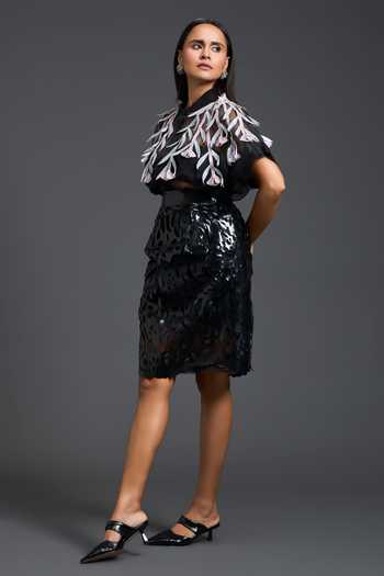 Deepika Arora_Black Organza, Leather, Ponte Roma Laser-cut Skirt _Online_at_Aza_Fashions